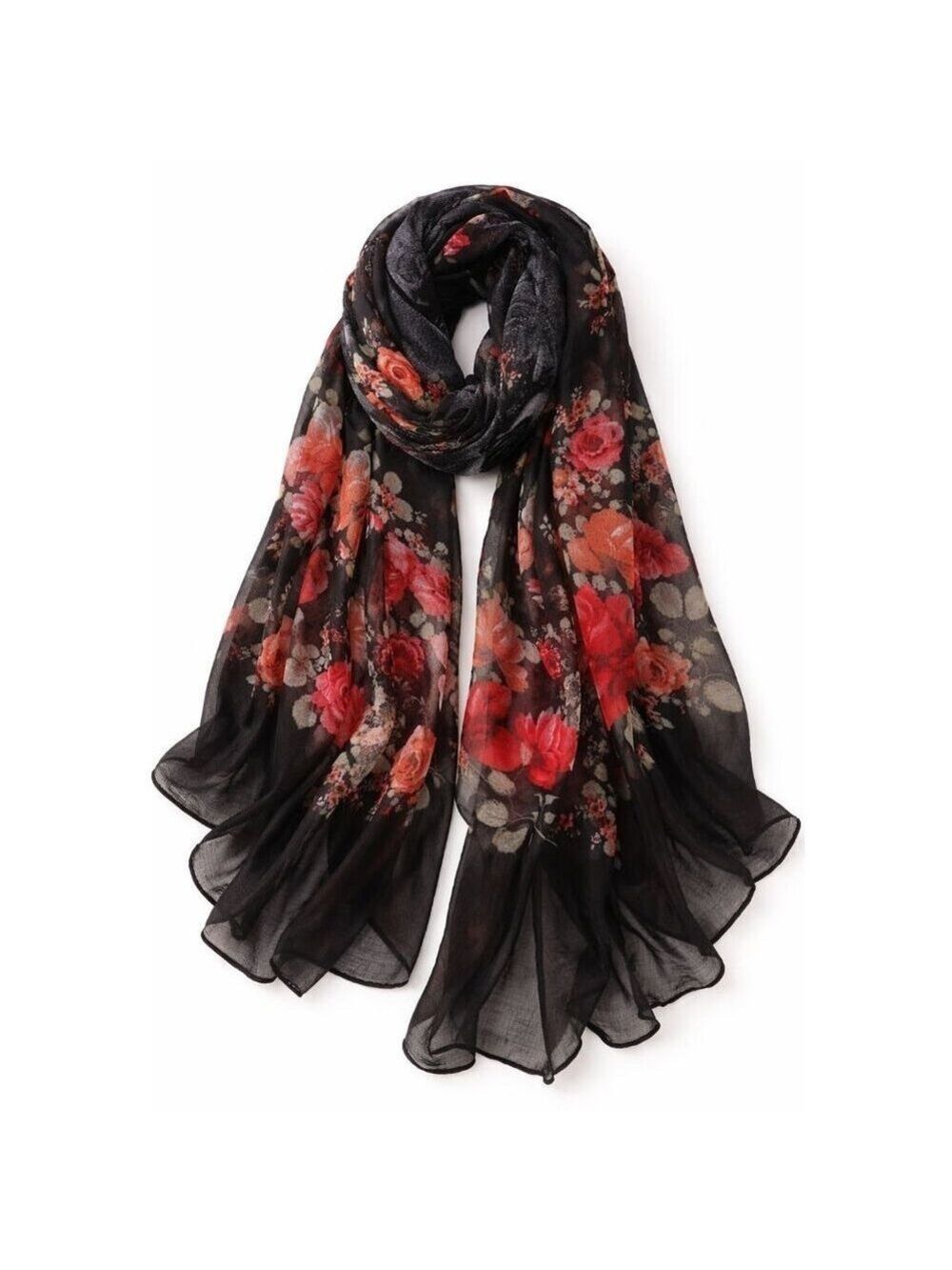 Black Floral Chiffon Scarf for Women, Lightweight Sheer Shawl Wrap, Elegant Red